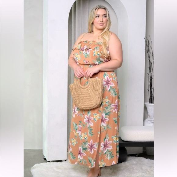 Plus Size Sleeveless Front Slit Floral Ruffle Maxi Dress